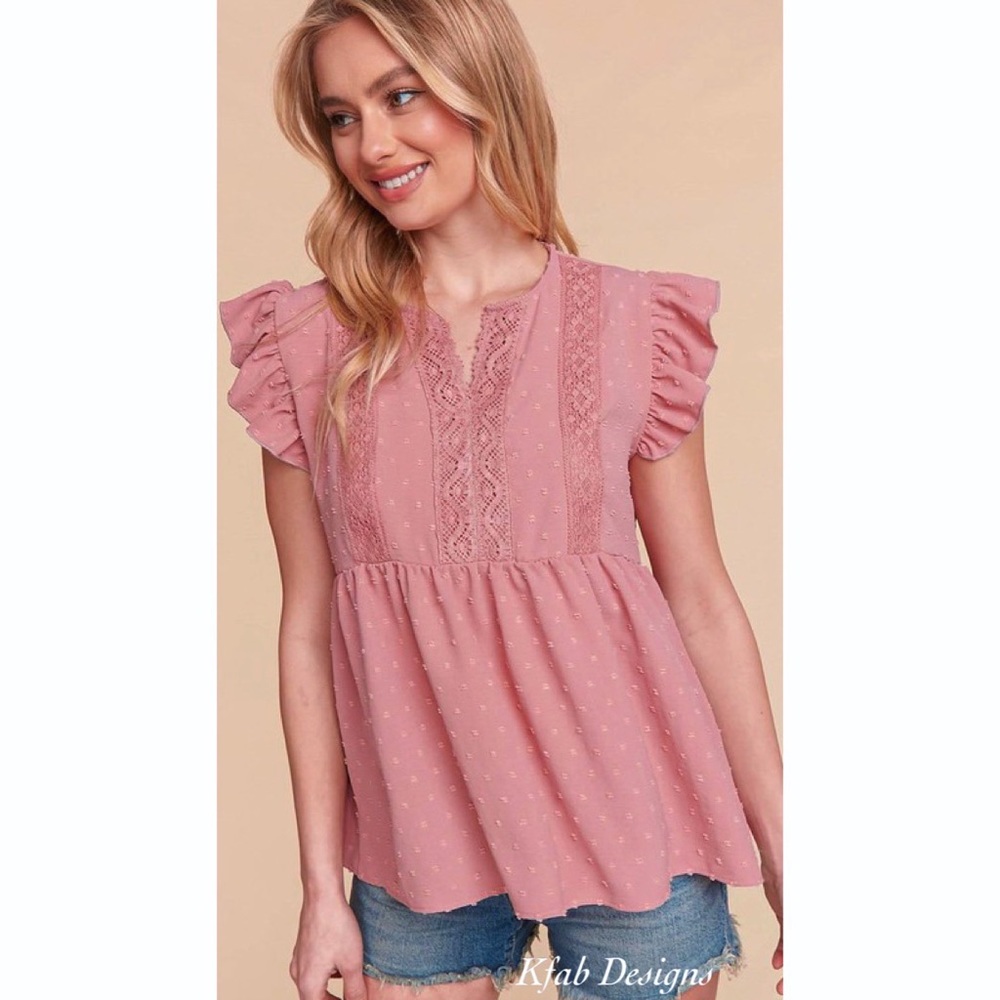 LAST ONE! Crochet/Lace Swiss Dot Cap Ruffle Sleeve Woven Top in Dusty Rose! - Picture 8 of 11